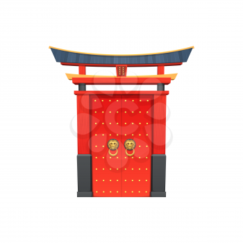 Chinese gate architecture, entrance with roof in oriental style round handles of lion hand. Vector Chinatown red door. Japanese or Korean temple entrance, arc design, China entrance or exit gate