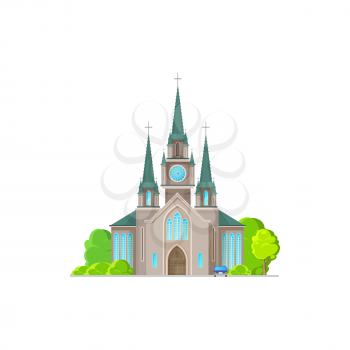 Evangelical church facade exterior isolated religion architecture flat cartoon icon. Vector catholic medieval cathedral, steeple tower to hold wedding and funeral ceremonies. Easter holiday church