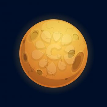 Desert surface planet with craters martians world in aliens galaxy isolated cartoon icon. Vector yellow sandy imaginary outer space planet ui or gui game design. Mystery globe in fantasy universe