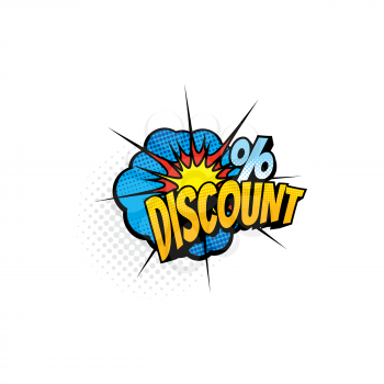 Half tone comic discount on price off percent reduction isolated pop art icon. Vector save money promo price, popart cloud explosion, retail shopping promo advert. Colorful coupon, total sale label