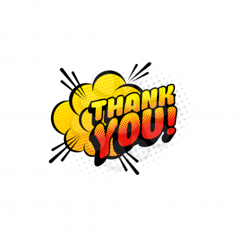 Halftone cloud thank you speech bubble isolated icon flat cartoon. Vector pop art halftone speech bubble, polite answer or gratitude message, communication thank you expression balloon, burst effect