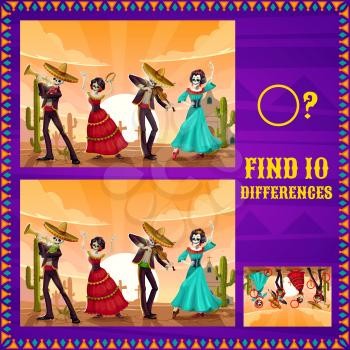 Dia de los Muertos Mexican holiday maze, kids education game vector design. Find 10 differences puzzle, memory game matching pictures riddle with Day of the Dead dancing skeletons, skulls and sombrero