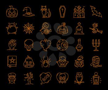 Halloween, ghost and pumpkin, witch and spider web, vector scary characters icons. Halloween holiday outline spooky monsters and skeleton with black cat and bat, witch hat and skull with candle