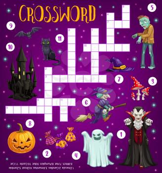 Halloween crossword grid puzzle game with cartoon witch, pumpkin, sweets and ghost, vampire and castle, cat characters. Kids educational riddle or children playing activity with Halloween monsters