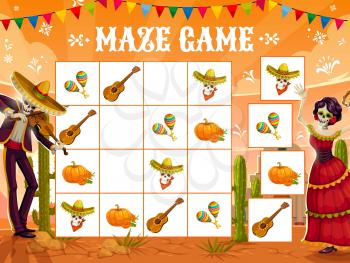 Sudoku game with Dia de los Muertos holiday, Mexican fiesta, vector background. Sudoku puzzle game with Mexican Catrina and calavera, skull in sombrero with violin, mariachi and papel pecado flags