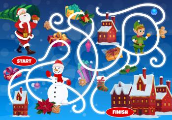 Kids labyrinth maze with Christmas fairy characters and gifts. Child find way exercise, children search path game. Santa Claus with Christmas tree, elf and snowman, holiday presents cartoon vector