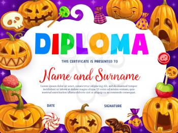 Kids diploma cartoon funny Halloween pumpkins and sweets. Vector certificate with Jack-o-Lanterns, cookies with skull and candies. Award frame with chocolate truffles, cupcake with brain and lollipops
