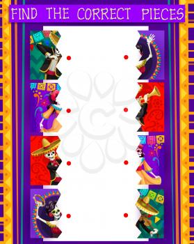 Find the correct half, Mexican holiday kids maze with vector skulls of Dia de los Muertos. Education game, matching puzzle or logic riddle with pieces of cartoon calavera catrina, mariachi skeletons