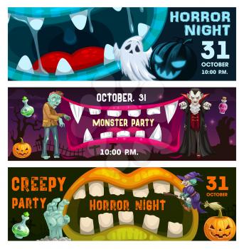 Creepy party, horror night vector flyers with monster mouths and Halloween characters zombie, vampire, ghost, witch and pumpkin. Night event invitation cards with open toothy jaws cartoon banners set