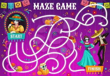 Labyrinth maze riddle. Dia de los muertos holiday characters. Kids pathfinder vector puzzle game with mexican woman and man skeletons dancing, playing on violin, marigold flowers, skulls and garlands