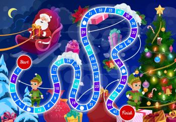 Children Christmas board game with Santa and elfs. Kids playing activity, child winter holidays roll and move boardgame with Santa Claus flying in sleigh, gifts and Christmas tree cartoon vector