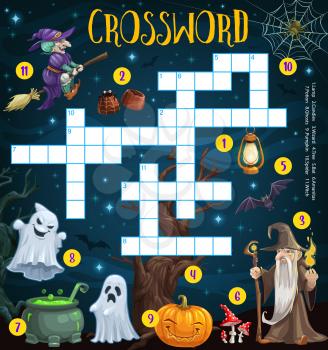 Happy halloween crossword grid puzzle with cartoon sorcerer, witch and pumpkin. Word puzzle game, kids riddle or educational playing activity worksheet with magic potion cauldron, cobweb and ghost
