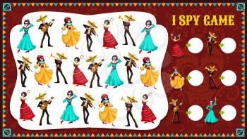 I spy game Dia de Los Muertos characters, vector educational kids riddle with mariachi and Catrina skeletons dance and playing instruments, puzzle. How many Mexican musicians and dancers riddle page