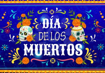 Dia de Los Muertos mexican calavera skulls. Vector poster with marigold flowers and sugar craniums on blue background with traditional floral ornament of Mexico. Cartoon Dead day celebration design