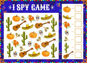 I spy game. Dia de los muertos holiday symbols. Kids riddle with counting and finding same objects task. Mexican Day of Dead sweets skulls, marigold and cactus, guitar, sombrero and maracas