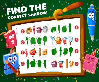 Find correct shadow of school characters kids game worksheet, vector find and match puzzle. Kids tabletop riddle game with school stationery items, books, schoolbag, eraser and calculator or ruler