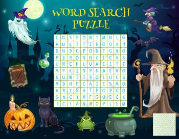 Word search puzzle worksheet with Halloween characters, vector word quiz game. Kids riddle game to find words with Halloween pumpkin lantern, ghost in witch hat and sorcerer with magic potion cauldron