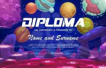 Kids diploma, cartoon space red planet surface with craters, vector education certificate. Kindergarten appreciation or school diploma with fantasy martian universe and meteors on lava planet