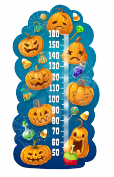 Kids height chart. Halloween pumpkin lanterns. Growth measuring meter for preschoolers with Jack o lanterns, Halloween holiday treats and spider web, lollypop candies, jellies and apple, magic potions