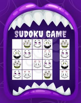 Children sudoku game or puzzle with cartoon vector faces of Halloween monsters. Kids education riddle or logic rebus in frame of open vampire mouth with cute emoticons of zombie, alien animal, mutant