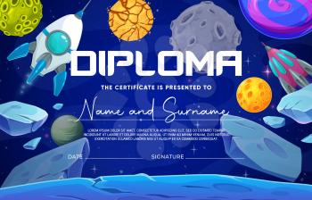 Kids diploma, cartoon space blue planet with asteroids and spaceships, vector education certificate. Kindergarten appreciation award or school diploma with fantastic galaxy rocket shuttles in space