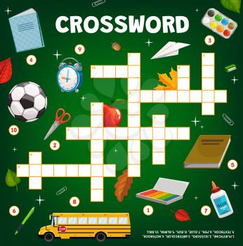 Crossword puzzle game, cartoon school education stationery, bus and ball, vector. Find word quiz or kids riddle, cross words tabletop game or worksheet with school book, apple and maple leaf