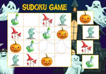 Child puzzles book Halloween sudoku game. Children riddle, kids logical game or educational activity book page vector template with Halloween cartoon pumpkin, magic potion and mushroom, zombie hand