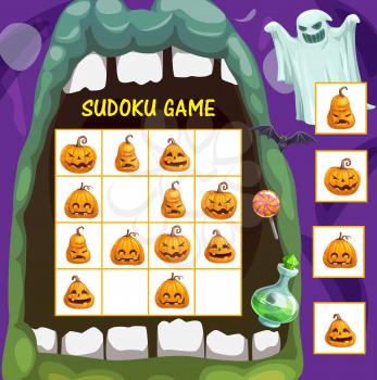 Children sudoku game with Halloween jack o lanterns. Puzzle game for kids, child playing activity book vector page. Halloween cartoon pumpkins, ghost and bat, lollypop candy treat, magic potion