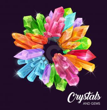 Crystals and gem stones vector wreath with magic and precious gemstones, mineral rocks. Diamond jewels, pink quartz and green emerald, blue sapphire, yellow citrine and topaz round frame with sparkles