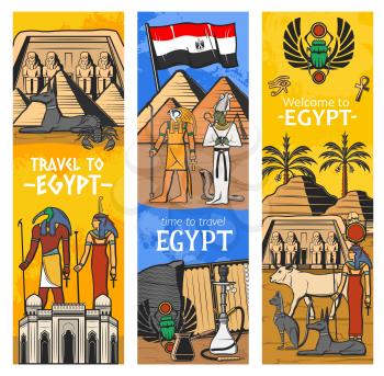 Ancient Egypt gods and landmarks, vector banners, Egypt travel and tourism sightseeing. Cairo pharaoh pyramids and sphinx, Egypt sacred animals, scarab symbol, Tutankhamen and Anubis with Osiris