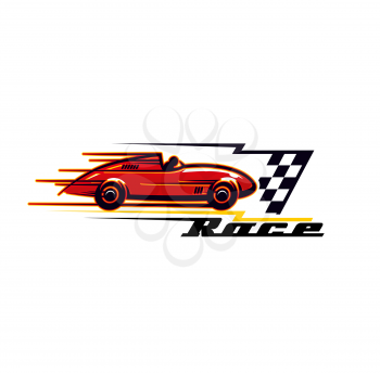 Racing car icon, sport rally of muscle cars and vintage automobiles, vector symbol. Old motors and engine gear sport racing, cars rally iconwith finish flag