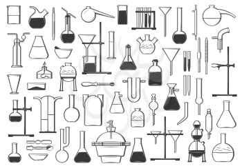 Chemical test tubes, flasks, retort and tools. Chemistry, biology or pharmacy laboratory equipment and glassware vector icons set. Alcohol burner, funnel and separators, condenser, clamps and pipettes