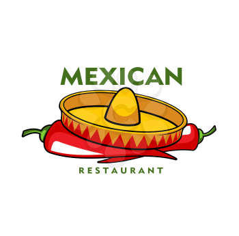 Mexican restaurant icon, vector jalapeno chili peppers and sombrero hat. Cartoon emblem with traditional symbols of Mexico. Design element for Latin cafe menu or signboard isolated on white background
