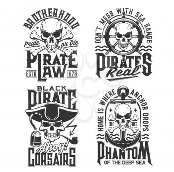 Pirate captain and corsair skull t-shirt print vector mockup of piracy. Skulls and skeleton head of dead pirate captain, corsair or sailor with hat, hook and anchors, helm, wheel and sea waves