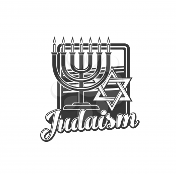 Judaism religion vector icon with Jewish menorah and Star of David religious symbol. Ancient Hebrew lampstand with burning candles and Magen David isolated monochrome sign, Jewish religion themes