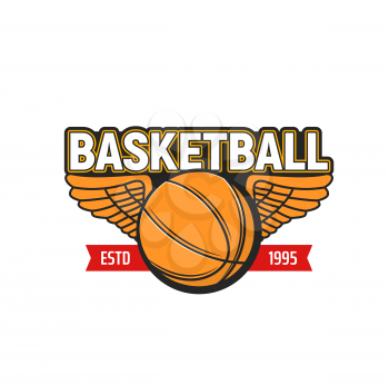 Basketball ball with wings icon of sport game vector design. Orange rubber or leather ball of basketball team player isolated symbol of sport club, competition tournament or championship match design
