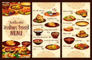Indian cuisine menu, traditional authentic indian dishes. Vector rice in min sauce meal, vegetarian pulao and bananas in butter, lumb carry, murgs badams shorba soup and chapati, lemon with cashew