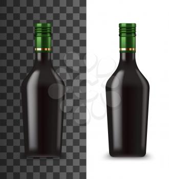Cream liquor bottle realistic 3d mockup template. Vector isolated blank black bottle of drink with green cap, Irish liquor premium alcohol beverage, bar menu symbol