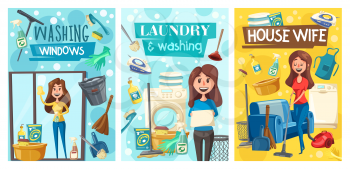 House cleaning, laundry and clean home, service posters. Vector professional, household cleaning, housewife mopping floor and window glass in flat room and ironing clothing laundry