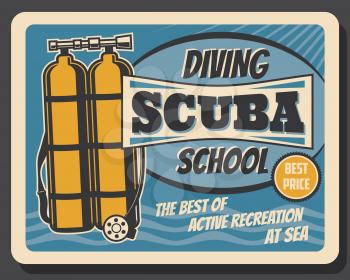 Scuba diving school, summer sea active recreation sport club vintage retro poster. Vector professional scuba diving equipment and underwater snorkeling sport accessories, diver oxygen balloons
