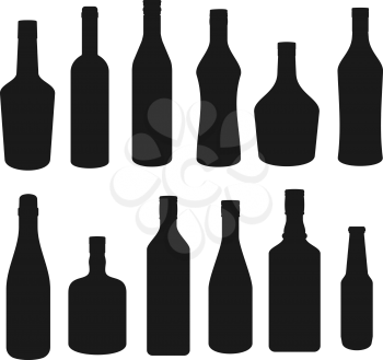 Alcohol drinks bottles silhouette icons, beverages bar menu symbols. Vector isolated vodka, Irish or Scotch whiskey and wine, cognac with absinthe, tequila and bourbon or beer bottles