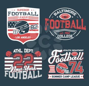 Football league retro grunge t-shirt prints. Vector college club, summer camp league. Soccer club football championship cup, sport team league. Athletic department and american flag, hobby sport game
