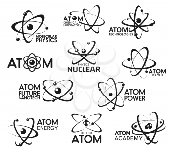 Atom icons, molecular technology and atomic physics signs. Vector chemical laboratory, atom science and nanotech research symbols, nuclear physics academy, atom power and energy company
