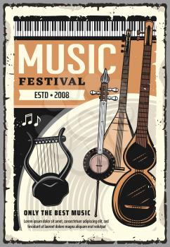 Live music festival, folk sound band concert hall performance poster. Vector music instruments, piano synthesizer, electric harp and folk guitars, Japanese shamisen and mandolin, bouzouki and sitar