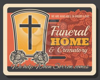 Funeral service company, crematory and burial ceremony organization agency vintage retro poster. Vector Christianity crucifixion cross on tombstone, RIP ribbons and funeral flowers wreath