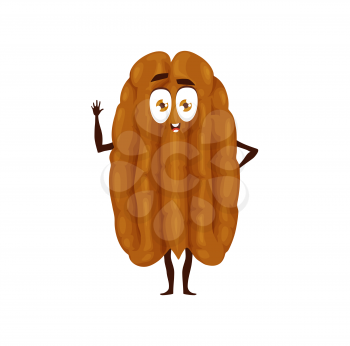 Cartoon pecan nut character, kids yummy food personage. Vector cute smiling pecan nut with funny face and hello hand, nuts and seeds organic natural food emoticon