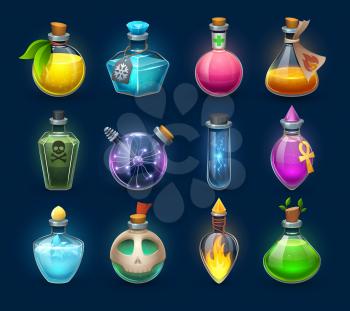 Halloween witchcraft, potion and poison cartoon bottles, phials and flasks, vector. Magic potion and witch elixir in crystal glass jars with love potion, energy power spell, magic fire and death skull
