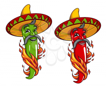 Cartoon Mexican jalapeno or chili pepper vector mascot character in sombrero with fire flames. Red chili and green jalapeno pepper with mustaches, hot food cuisine of Mexico and fiesta symbol