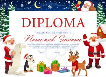 Children diploma certificate with background frame of Christmas cartoon characters. Vector template of educational achievement or appreciation award of school student with Santa, Xmas tree, gift boxes