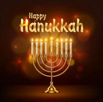 Happy Hanukkah vector greeting card with realistic menorah jewish lamp with flaming candles and sparks. Judaism religion Festival of Lights golden candlestick. Hanukkah holiday candelabrum 3d design